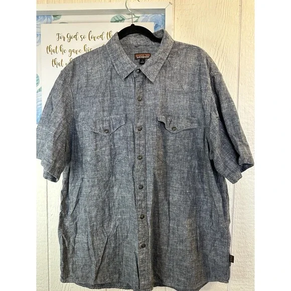 Patagonia Men's Large Blue Collared Full Button Front Pockets HEMP/COTTON Top - Picture 3 of 11